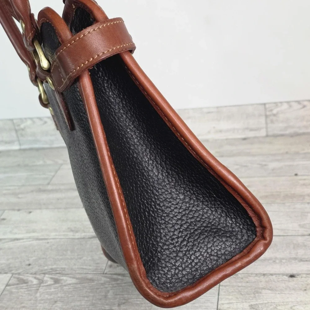 80s Vintage Liz Claiborne Genuine Leather Handbag Black Brown Trim Purse - Picture 5 of 13